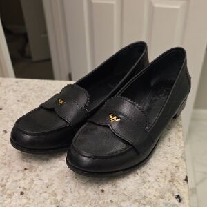 Tory Burch Black Leather Loafers with Gold Accent